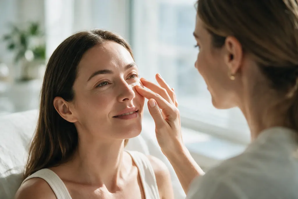 A clinician gently examining a woman's cheek during an aesthetic consultation