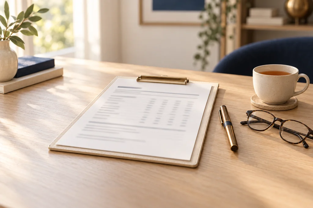 A lab results report on a clipboard beside a pen, a cup of tea and reading glasses