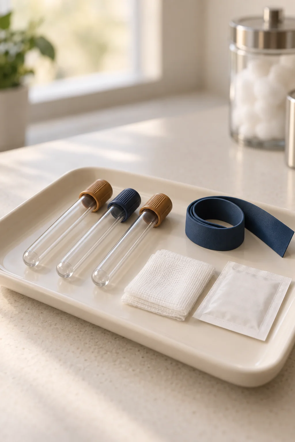 Blood collection tubes, a tourniquet and gauze laid out on a cream tray
