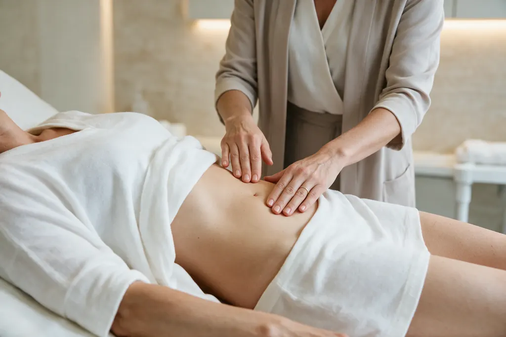 A clinician assessing the abdomen of a woman lying on a treatment bed