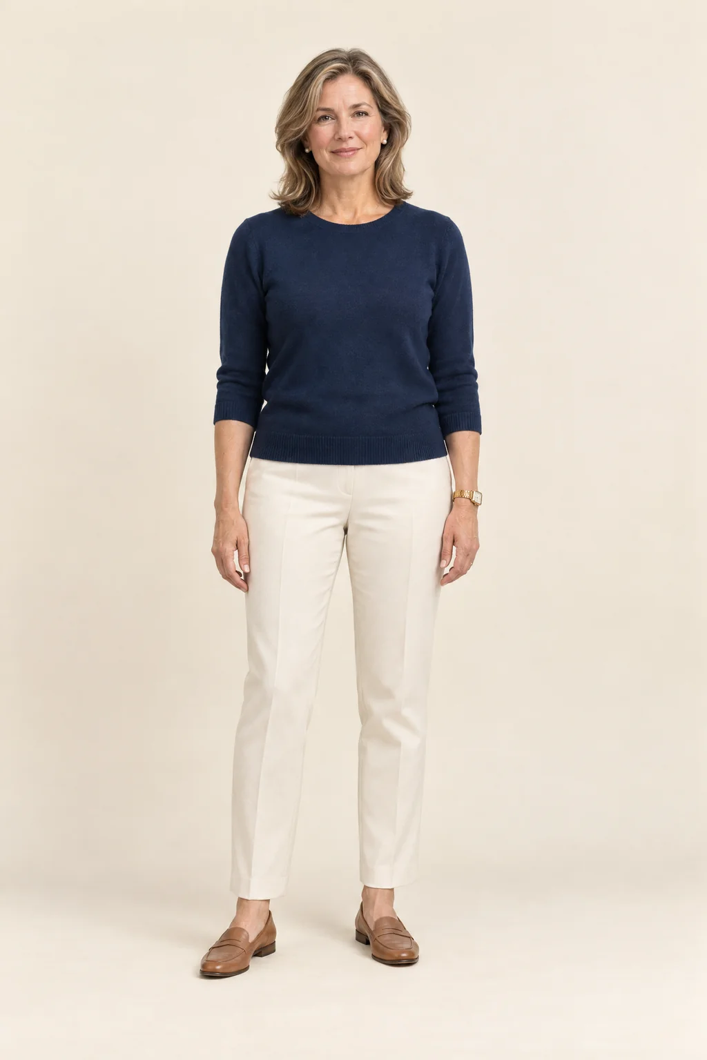 Illustrative full-length figure of a woman in a navy sweater and cream trousers, used as a body map