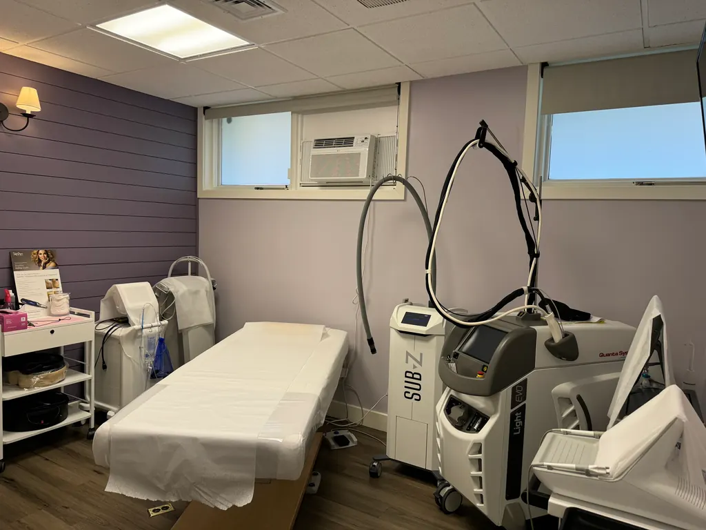 A laser treatment room with the treatment bed and laser systems