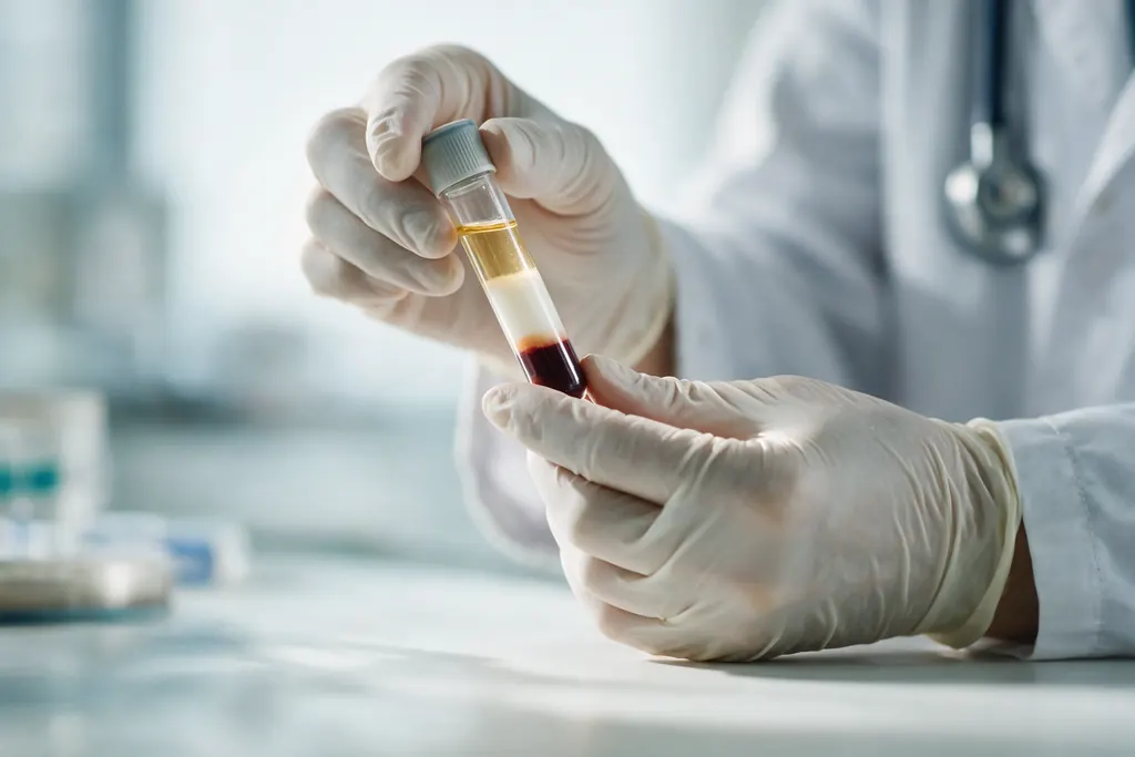 Gloved hands holding a prepared blood sample tube
