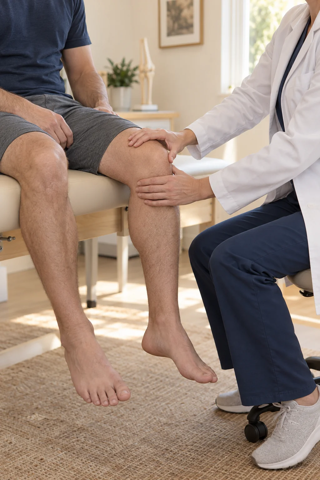 A clinician gently examining the knee of a seated patient in a bright treatment room