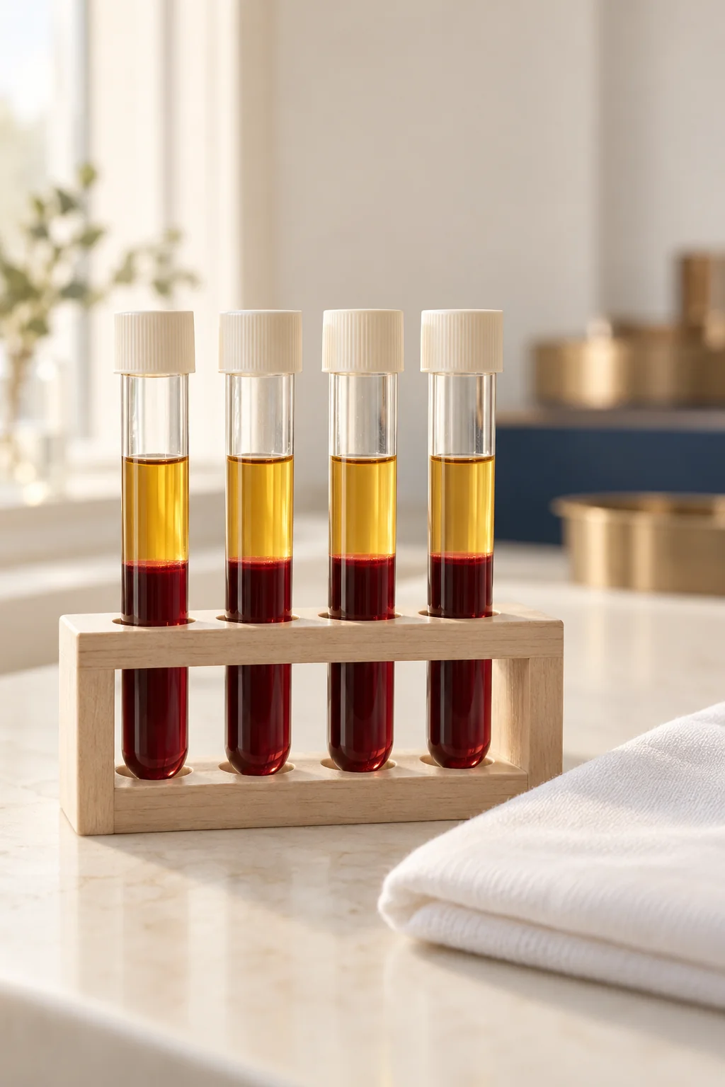 Prepared sample tubes standing in a wooden rack on a cream counter